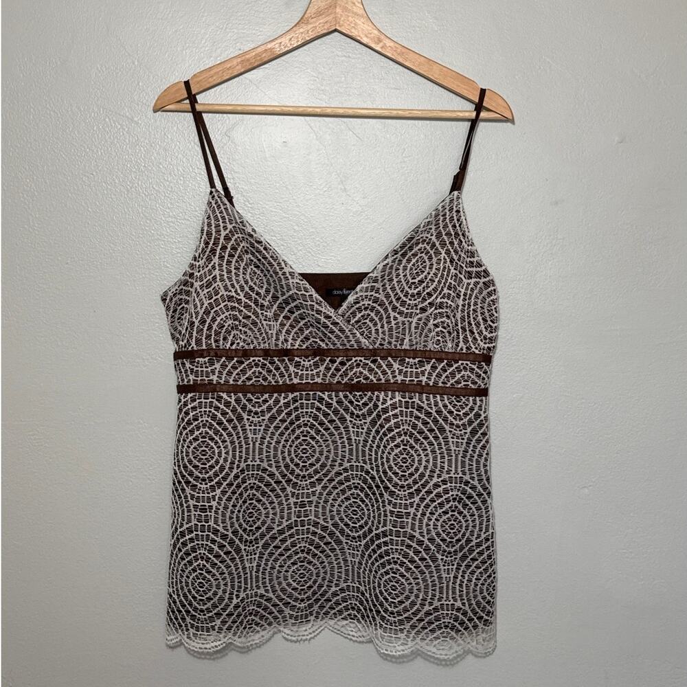 Women's Size L Daisy Fuentes Brown Satin Swirl White Lace Spaghetti Strap Cami